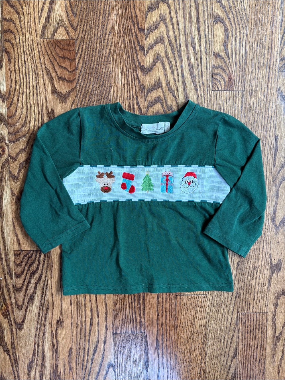 Marie Nicole green long sleeve Christmas theme smock shirt, size 12-18M.
